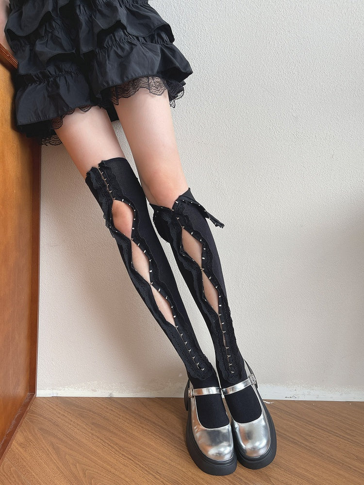 White/Black Ruffle Trim Overknee Stockings