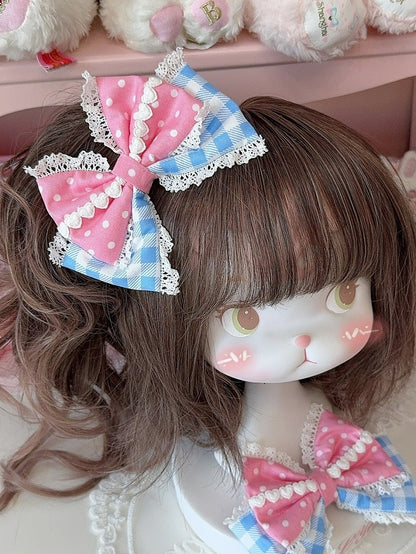 5 Color Options Lace Trim Plaid And Polka-dot Pattern Bowknot Hairclip