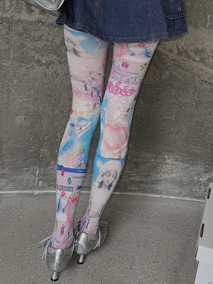 White Y2K Barbie Print Tights
