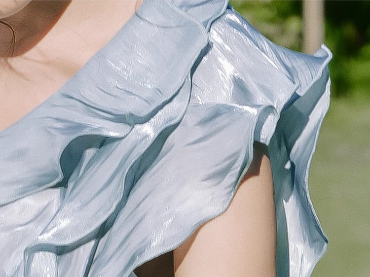 Vintage Blue Moon Light Cascading Ruffle Accents Top/Straight-leg Cut Pants