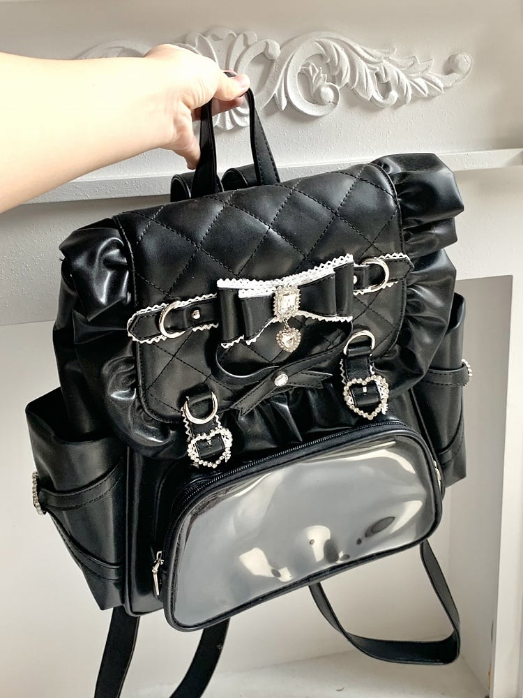 Jirai Kei Black / Black & Pink PU Backpack with Glitter Bow & Rhinestone Decor