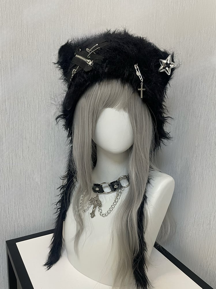 Black/White Pins and Zippers Accents Cat Ear Plush Hat