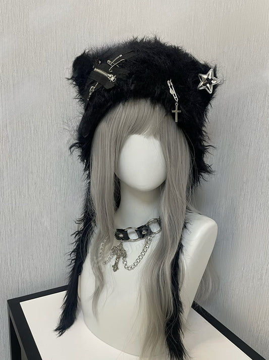 Black/White Pins and Zippers Accents Cat Ear Plush Hat