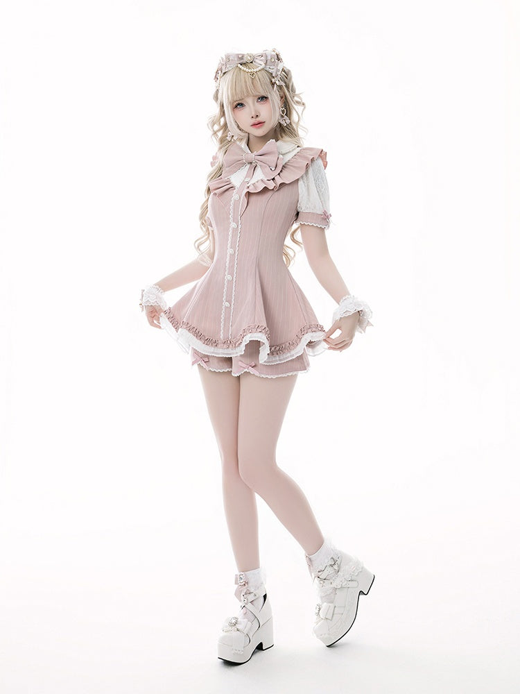 Pink Striped Jirai Kei Set: Scalloped Edge Trim Lace-up Back Top+ Shorts+ Bowknot Brooch