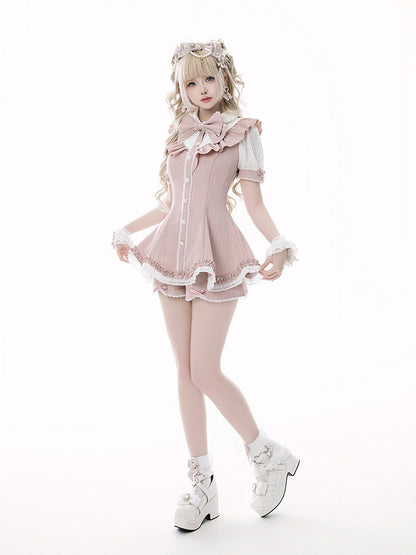 Pink Striped Jirai Kei Set: Scalloped Edge Trim Lace-up Back Top+ Shorts+ Bowknot Brooch