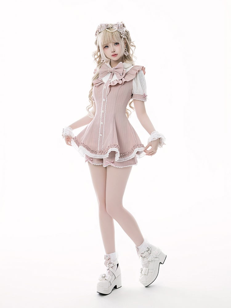 Pink Striped Jirai Kei Set: Scalloped Edge Trim Lace-up Back Top+ Shorts+ Bowknot Brooch