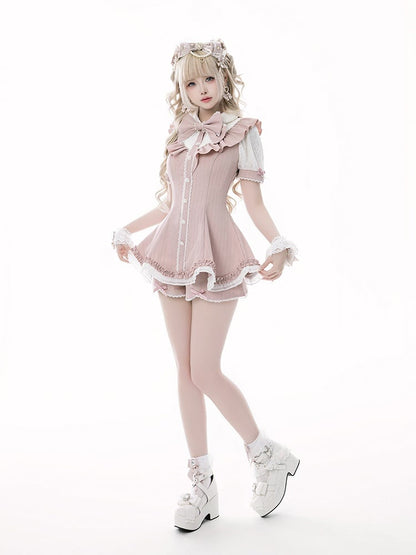 Pink Striped Jirai Kei Set: Scalloped Edge Trim Lace-up Back Top+ Shorts+ Bowknot Brooch