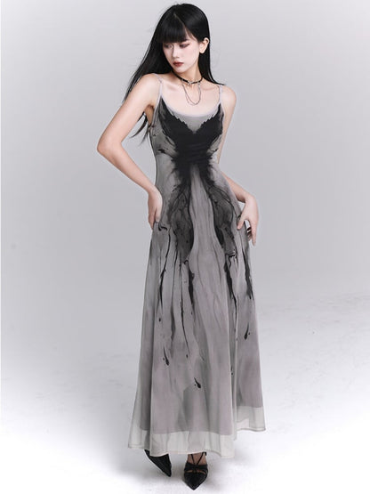 Gothic Gray Butterfly Print Slim-fitting Slip Dress