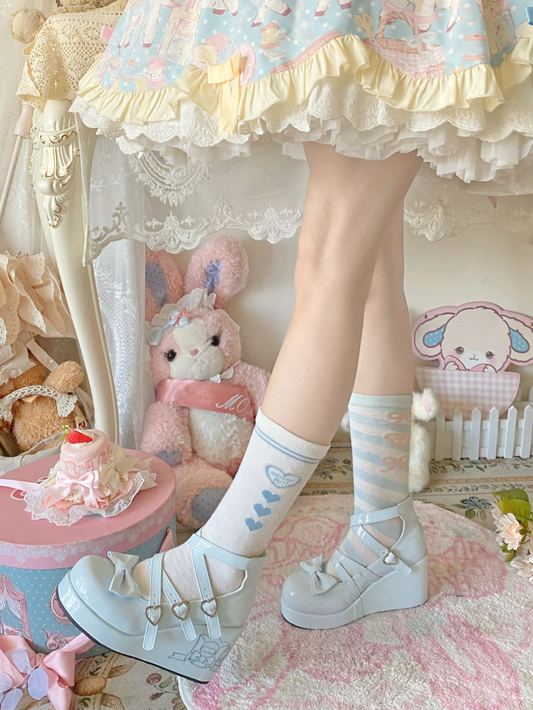Blue Bow at Top Crisscross Sweetheart Buckle Straps Sweet Lolita Platforms