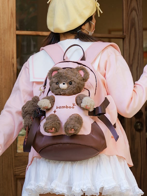 Pink Plush Backpack With A Detachable Brown Bear Doll