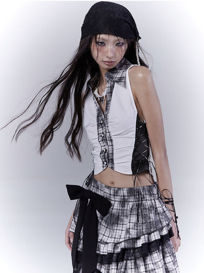 Black Plaid Pattern Shirt Collar Cropped Sleeveless Top with Lace-up Details Side