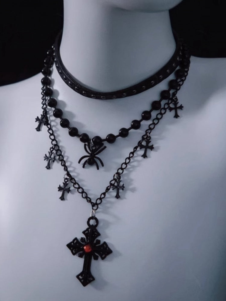 Spider and Cross Pendant Black Gothic Triple Layered Necklace