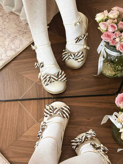 Beige&Brown Striped Pattern Bow at Top Crisscross Design Heart Buckles Lolita Shoes