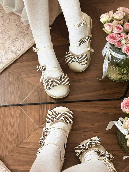 Beige&Brown Striped Pattern Bow at Top Crisscross Design Heart Buckles Lolita Shoes