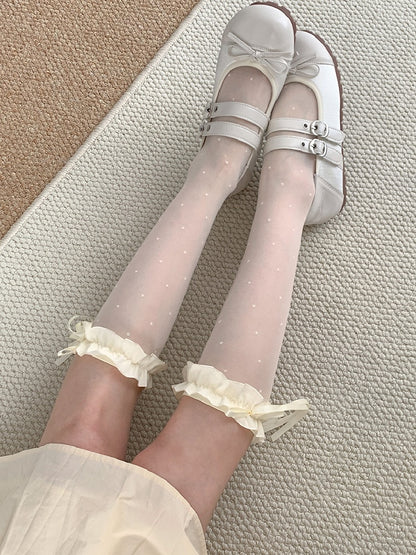 White/Black Polka-dot Pattern Bowknot Details Ruffled Cuff Under-knee Stockings