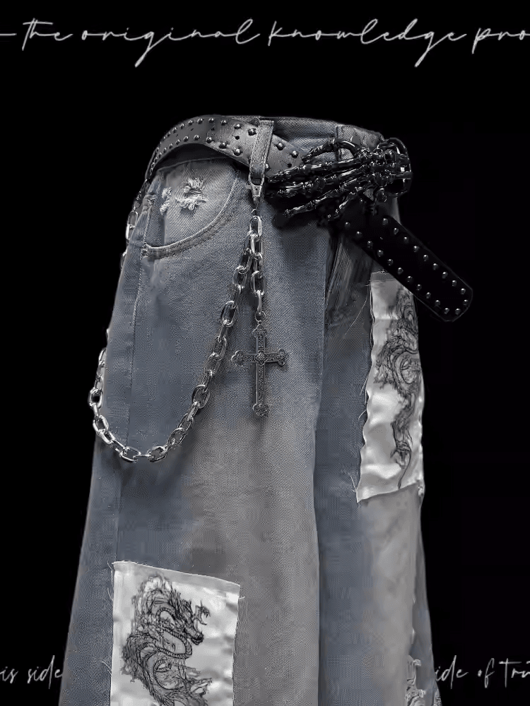 Dragon Applique Raw Hem Distressed Holes Light Blue Wide-leg Jeans