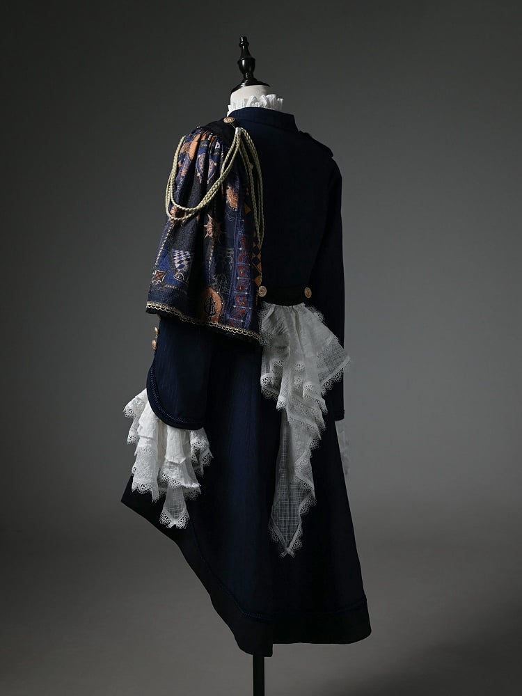 Ouji Fashion Lolita Knight Outfit - White Long Sleeves Top + Dark Blue One-shoulder Cape Tailcoat