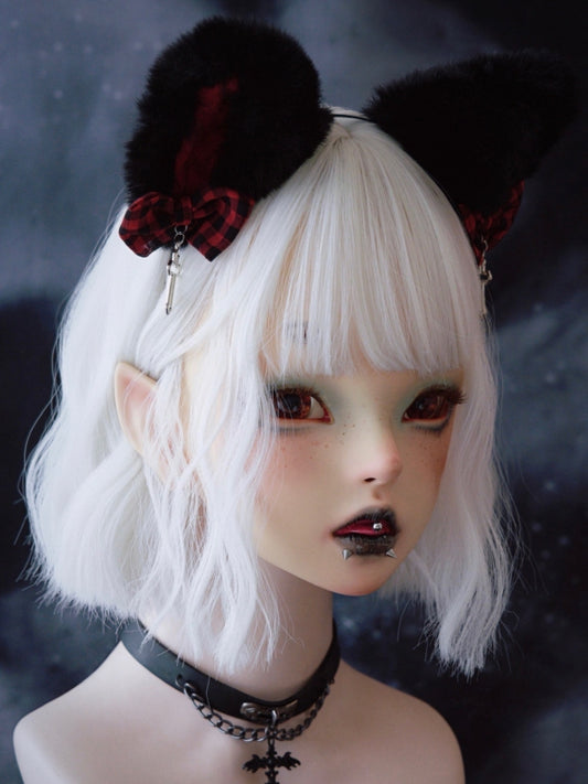 Black And Red Plaid Pattern Bowknot With Cross Charm Cat Ear Design KC