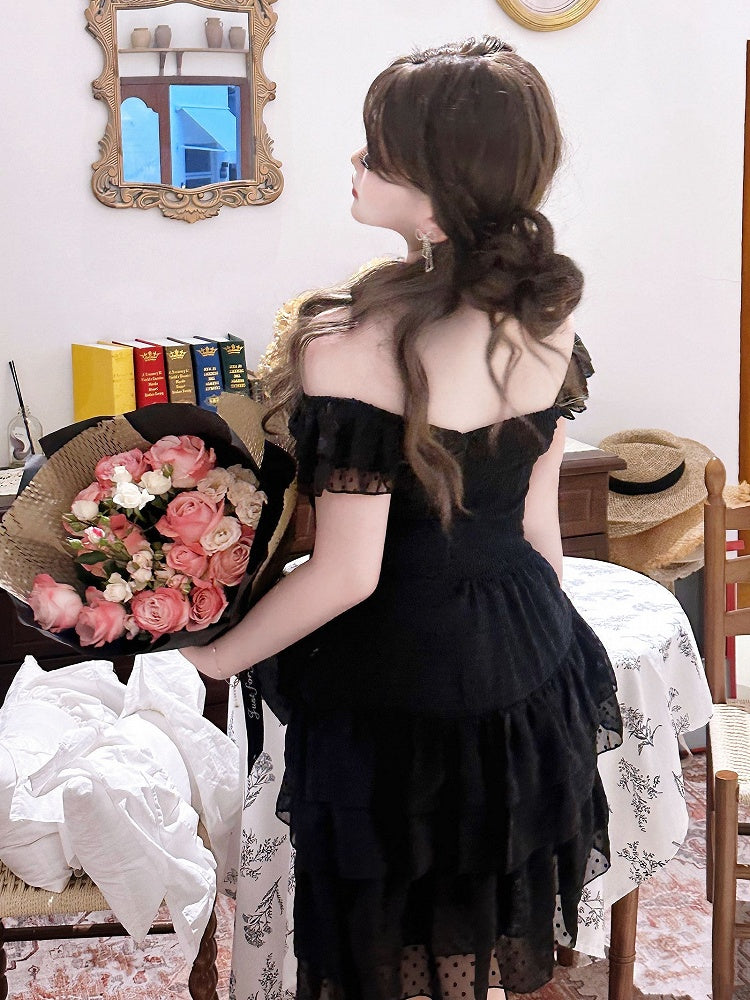 Plus Size Black Polka-dot Pattern Ruched Dress Summer Princess Dress