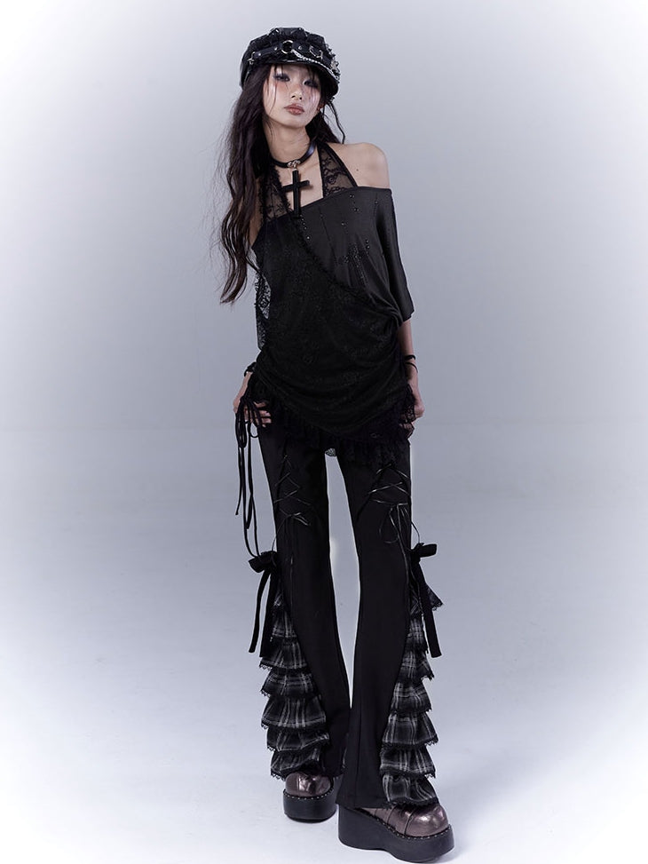Black Lace-up Front Tiered Plaid Cuffs Slim-fitting Pants