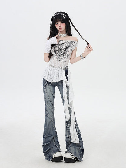 Y2K Blue Low Rise Raw Hem Faded Wash Flared Cargo Jeans