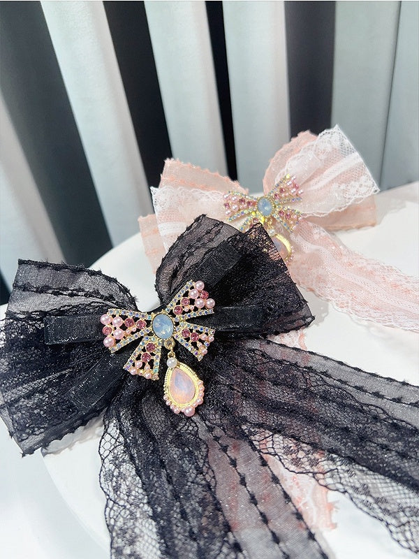 Black/Pink Preppy Style Rhinestone Decorated Bowknot Brooch