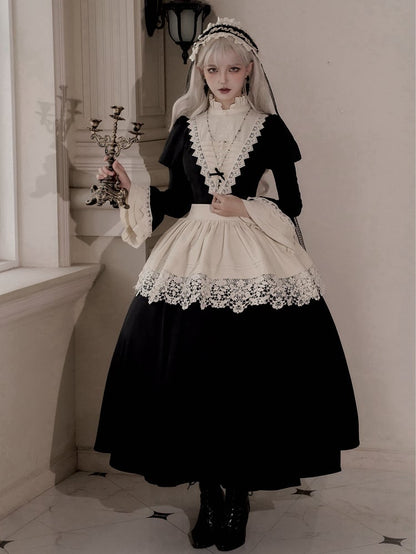 Clearance-Size S for Bust 84CM Elegant Black and Beige Ruffle Banded Collar Gothic Nun Lolita Dress Long Version