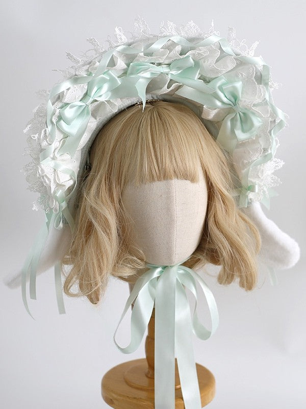5 Color Options Bowknot Details Lace Trim Bunny Ear Bonnet
