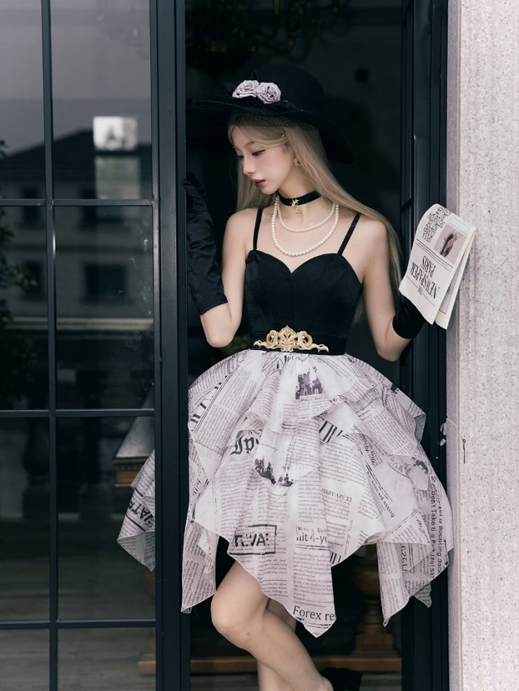 Newspaper Print Layered Handkerchief Skirt Elegant Dress Lolita Jumper Skirt
