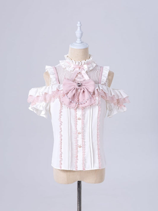 Jirai Kei Open Shoulders White and Pink Sweet Short Sleeves Blouse