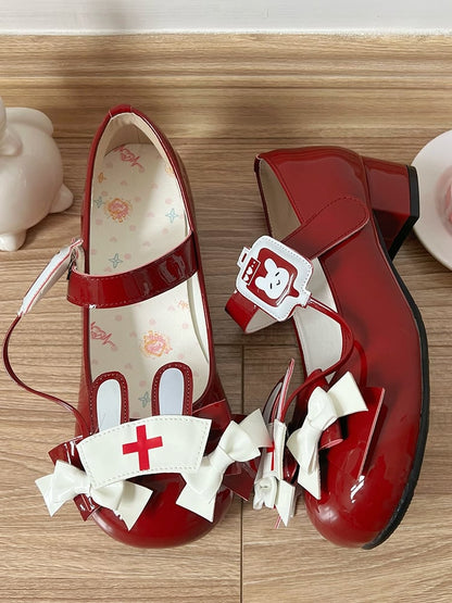 Red Sweet Lolita Low-heel Mary Janes with Bunny Ear Nurse Cap Accent & Bows Decor