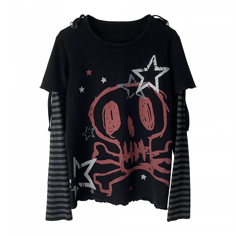 Black Skeleton and Star Print Punk Rock Cotton Top Faux Two-pieces