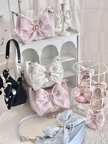 Satin Pink Sweet Lolita Underarm Bag - Large Lace Bow with Crystal & Beads Embellishments
