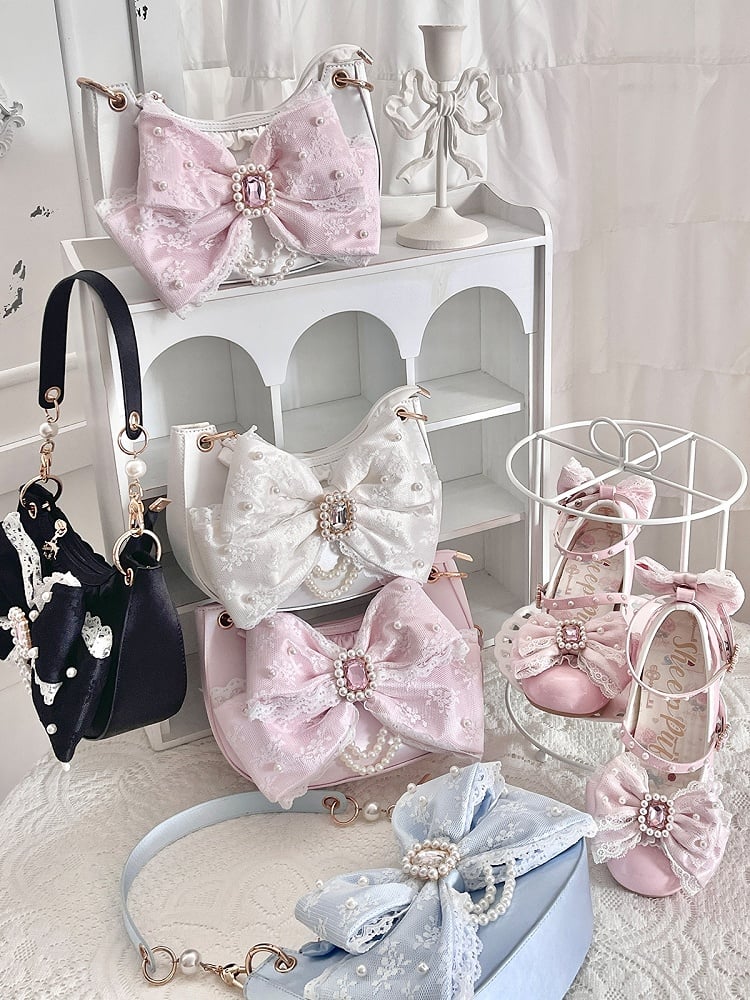 Beads & Rhinestone Decor Bow Accent Satin Black Shoulder Bag in Sweet Lolita