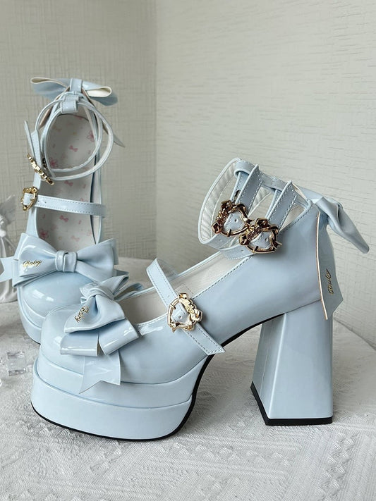Blue Bow Accents High Block Heel Platform High Heels