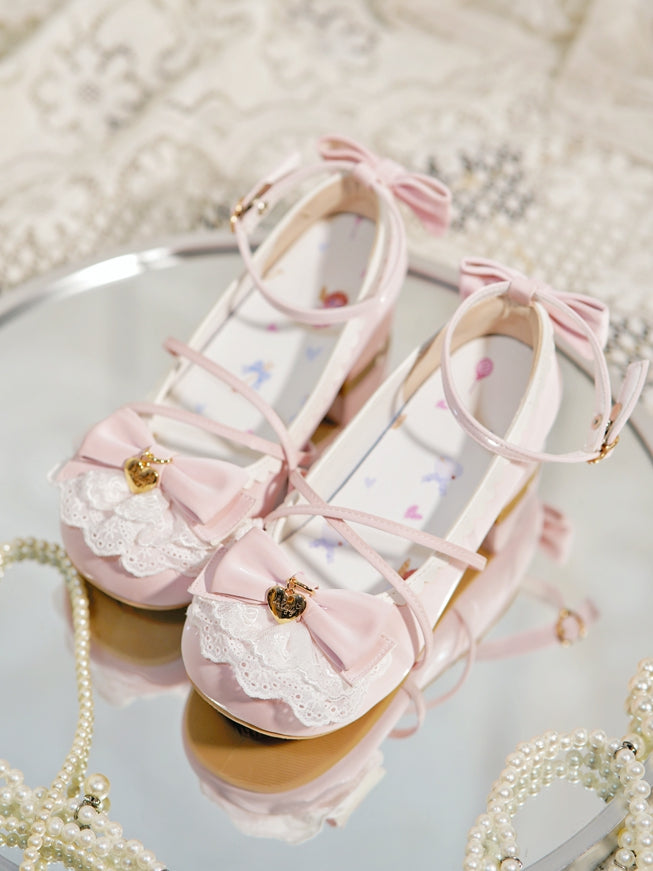 Baby Pink Heart Charm Bow at Top Lace Trim Crisscross Design Lolita Shoes