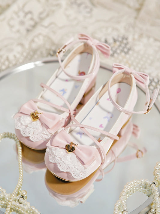 Baby Pink Heart Charm Bow at Top Lace Trim Crisscross Design Lolita Shoes