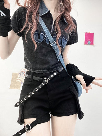 Black Cargo Pocket Denim Shorts + Star Design Flared Denim Leg Warmers