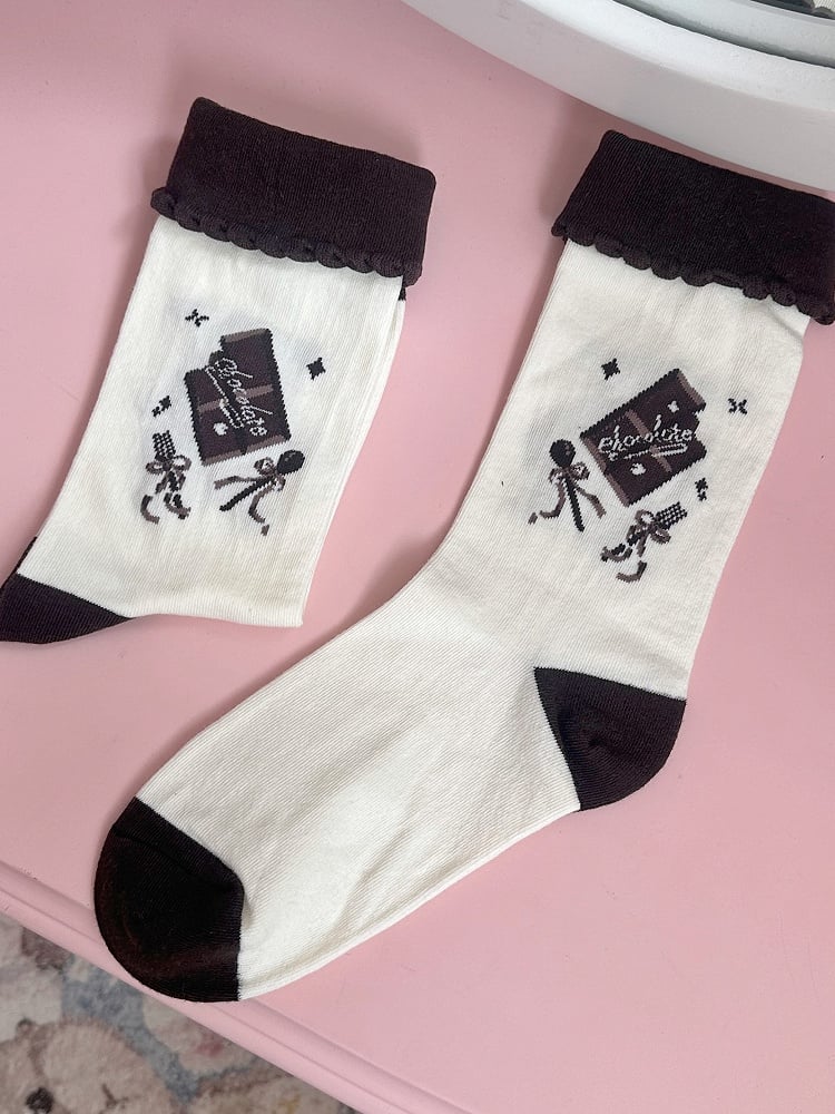 White Chocolate Print Bowknot Details Lolita Calf Socks