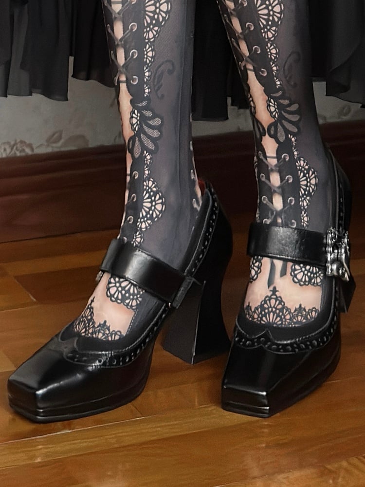 Black Gothic Crow And Skeleton Decorated Photo Frame Accent Square Toe High Heels