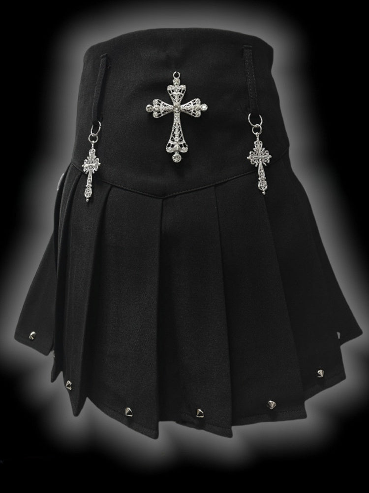 Y2K Black Cross Charms High Waist Studs Design Punk Pleated Skirt