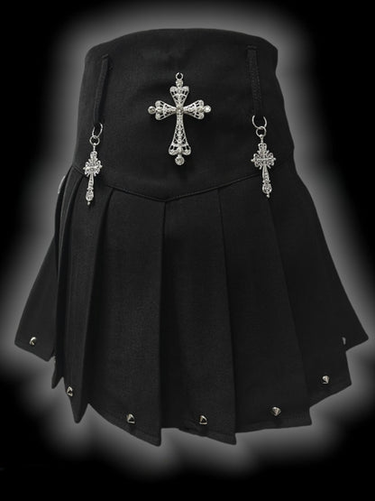 Y2K Black Cross Charms High Waist Studs Design Punk Pleated Skirt
