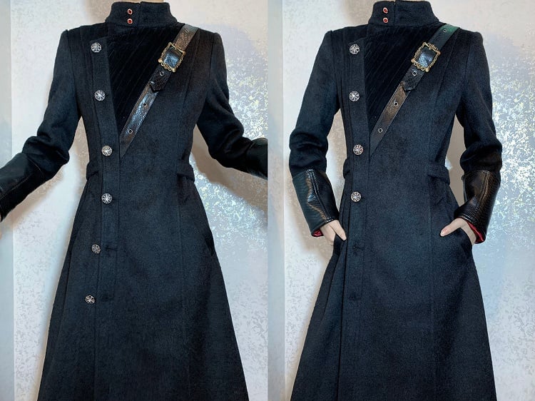 Ouji Fashion Black Leather Cuffs Gothic Lolita Woolen Coat with Red Inner Lining