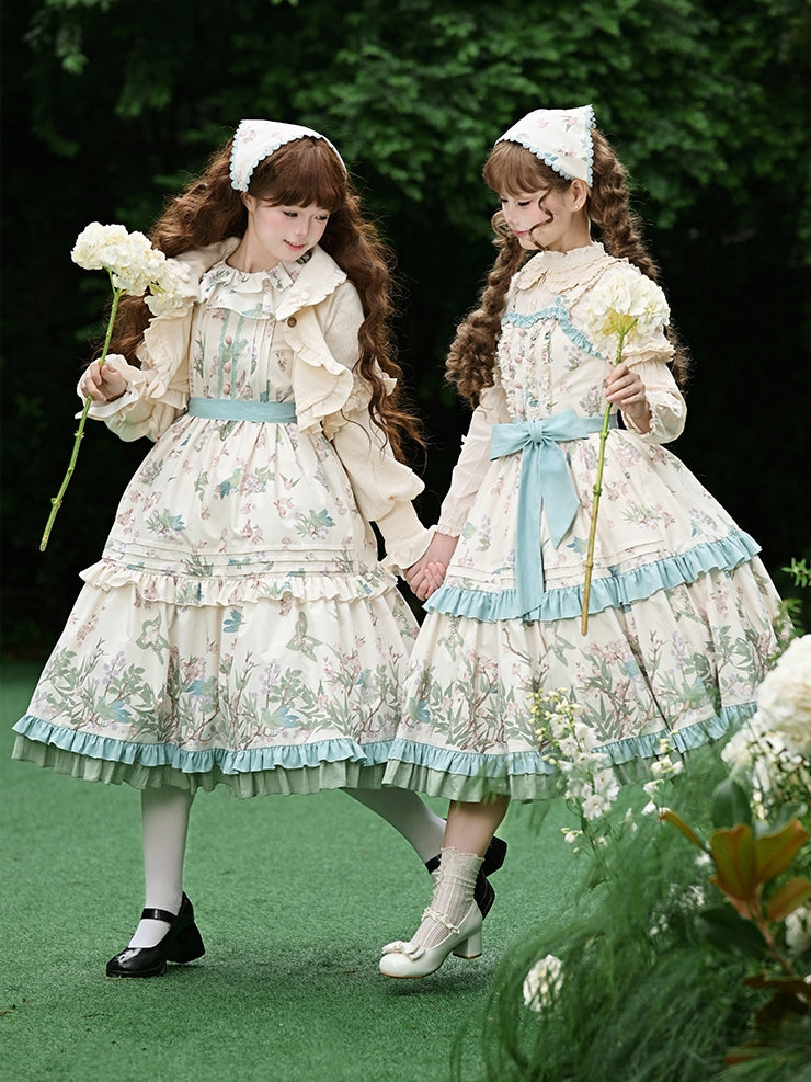 Natural Kei Floral and Bird Print Lolita Long Sleeves Dress with Waist Belt