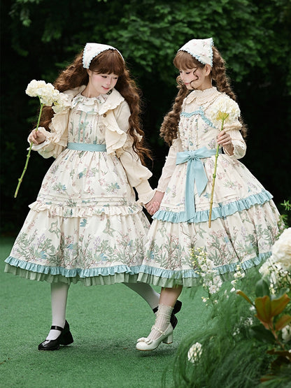 Natural Kei Floral and Bird Print Lolita Long Sleeves Dress with Waist Belt