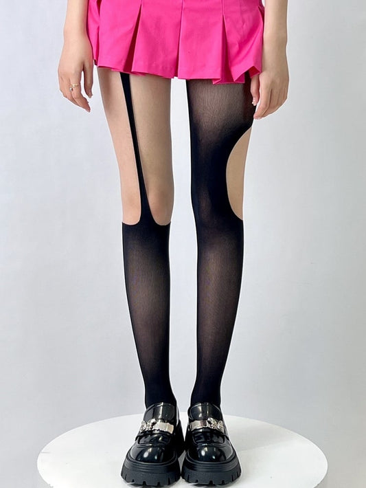 Black/White Asymmetrical Design Cut-out Details Tights