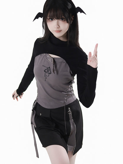 Buckle Strap Neckline Lace-up Side Gray Techwear Tank Top