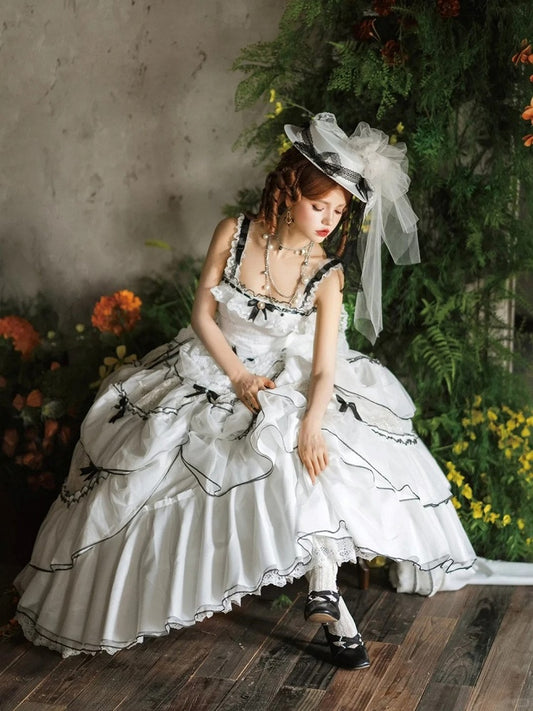 Plus Sizes White & Black Ruffled Layers Sweet Lolita Dress with Bow Accents Long Version