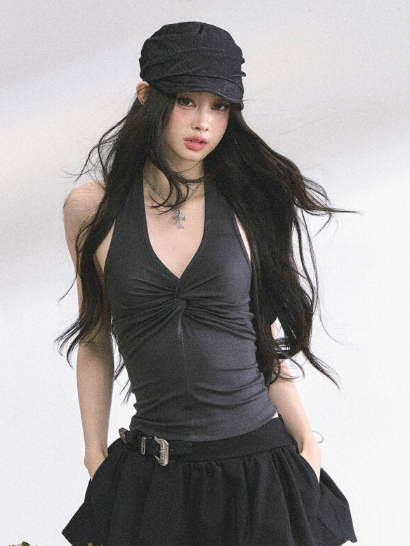 Twist Detail Neckline Lace Butterfly Applique White/Gray/Blue Backless Halter Top