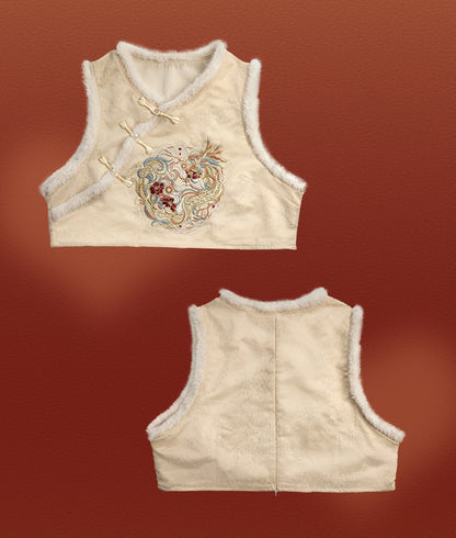 Plus Size Beige Dragon Embroidery New Year Vest